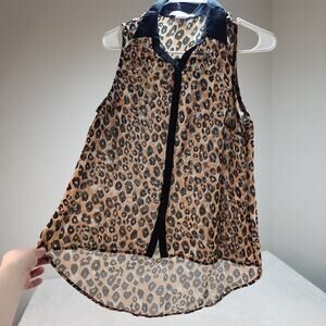 Vintage Y2k Leopard Cheetah Sheer Blouse Medium Burnout Sleeveless Button Up